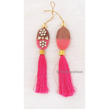 Pink / Blue Tassels With Red And Brown Wood Buttons With Kundan Stones, Indian Tassels, Wedding Supplies